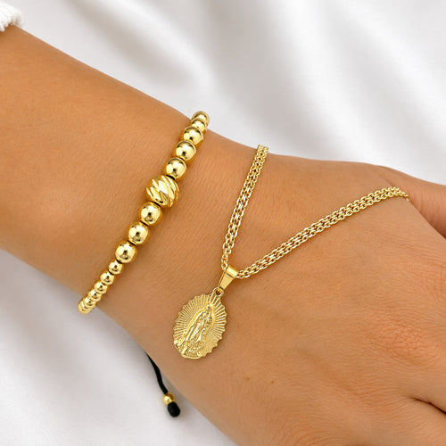 Cadena dama virgen y pulsera balin oro laminado 18k detalle